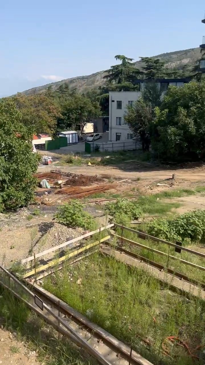 View from the balcony over greenery and an adjacent construction site toward wooded hills