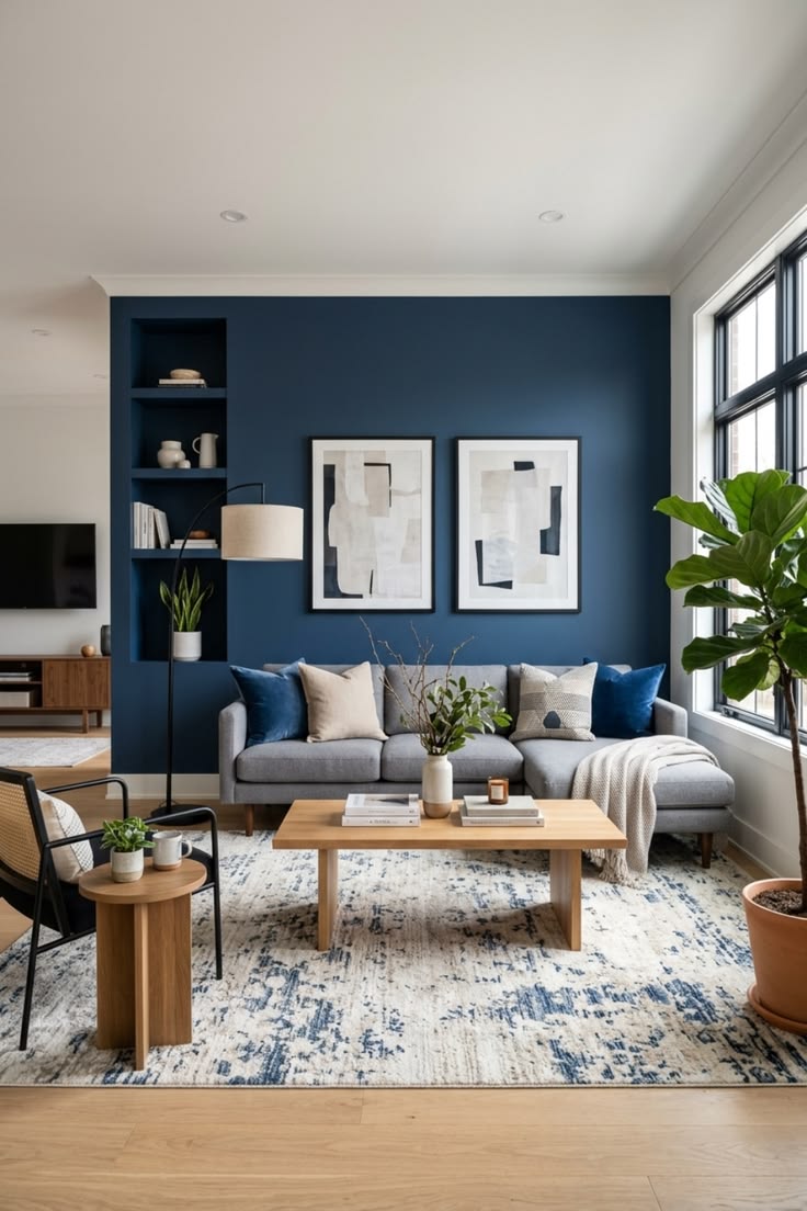 Living room with a navy accent wall containing painted niches and a light oak floor