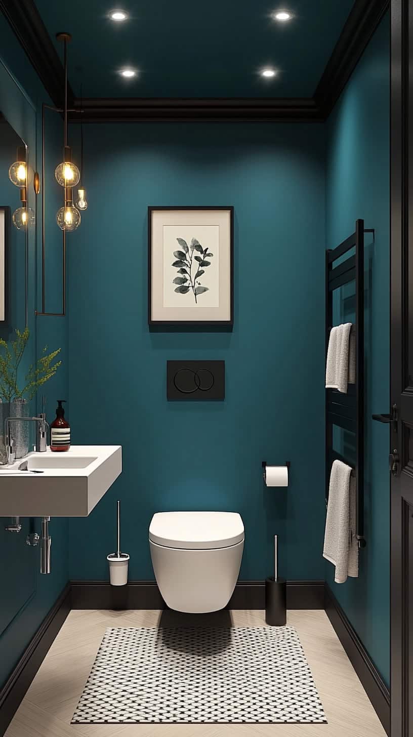 Small guest WC painted teal with black trim, wall-hung pan and a slim basin