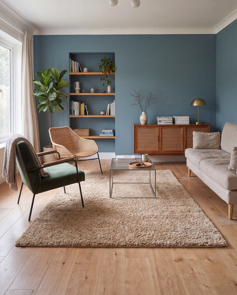 Living room with a blue-grey wall, recessed shelving in oak and a wide oak floor
