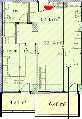 Developer floor plan of the 63 m² apartment showing living area 33.14 m², bedroom 12.75 m², WC 5.33 m² and two balconies