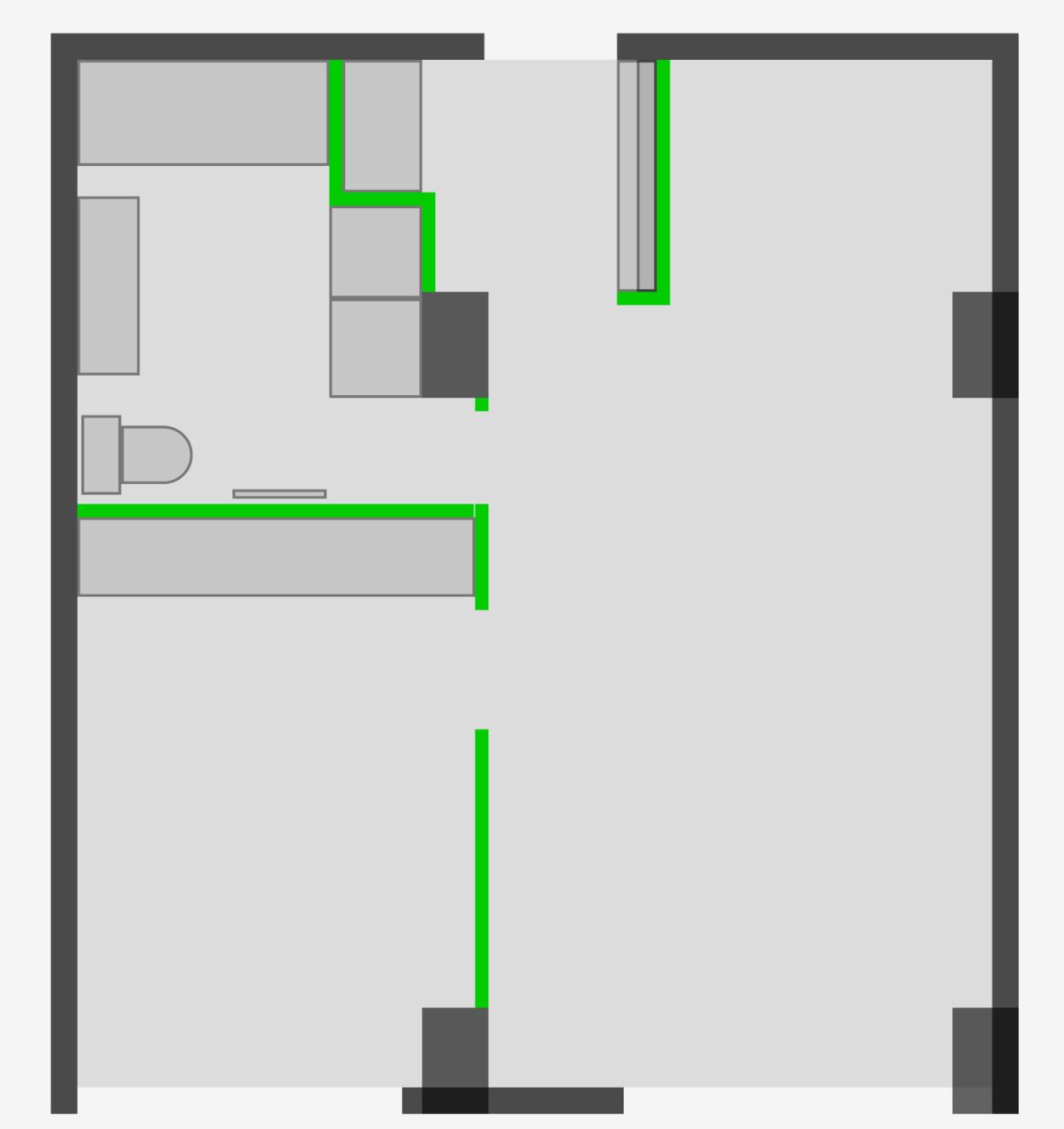 Layout study showing proposed new partitions in green with kitchen run, wet room fixtures and bedroom wall